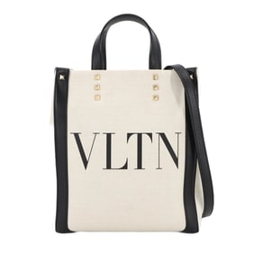 Valentino Garavani VALENTINO GARAVANI VLTN Mini 2way Tote Shoulder Bag Canvas Leather Beige Black