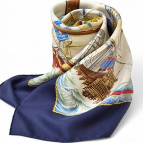 Hermes Unused Scarf Muffler HERMES Carre 90 Silk Twill Vive le Vent Wind Blow Blue Multi