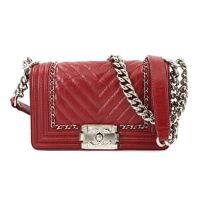 CHANEL Boy Chanel Small Chain Shoulder Bag Leather Red A67085 Chevron V Stitch Silver Metal Fittings