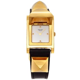 Hermes Medor Women's Watch Pyramid Gold Studs White Black Leather Quartz