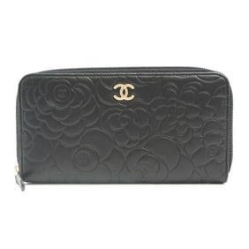 Chanel Wallet for Women, Camellia, Round Long Wallet, Lambskin, Black x Gold Beige, Embossed Flower,