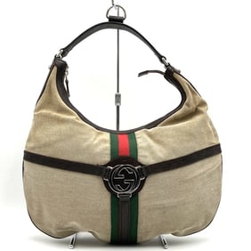 GUCCI 114871 Handbag Shoulder Bag Interlocking G Sherry Line Canvas Leather Beige Women's Men's