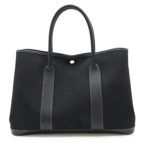 HERMES Garden PM Tote Bag Handbag Toile Officier Canvas Leather Black ?J Stamp