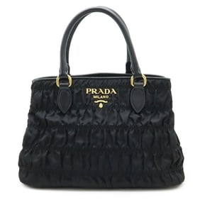 PRADA Gathered Handbag Tote Bag Nylon Leather NERO Black