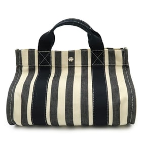 HERMES Cannes PM Tote Bag Handbag Striped Canvas Black Beige