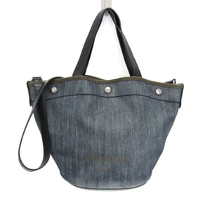 Prada 1BG244 Women's Denim,Leather Shoulder Bag,Tote Bag Black,Navy