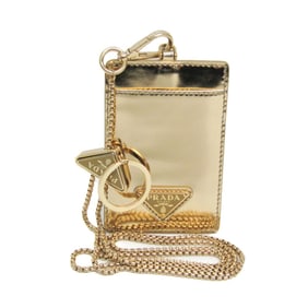 Prada With Chain And Key Ring Patent Leather Card Case Gold