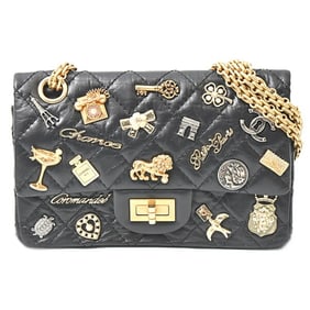 Chanel Women's Icon Charm Chain Shoulder Bag 2.55 Double Flap Calf Leather Black CHANEL