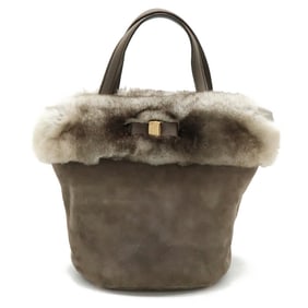 Salvatore Ferragamo Vara Handbag Lapin Rabbit Fur Suede Leather Black