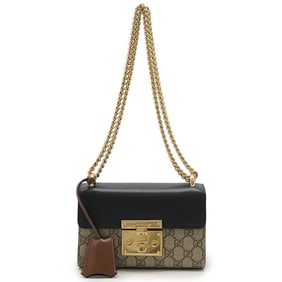 GUCCI GG Supreme Padlock Small Shoulder Bag Chain Leather PVC Black Beige 409487