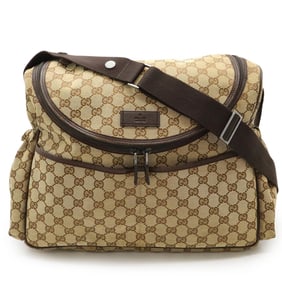 GUCCI GG Canvas Mother's Bag Shoulder Leather Khaki Beige Dark Brown 123326
