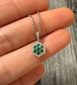 Emerald and Diamond Cluster 14K WG Necklace