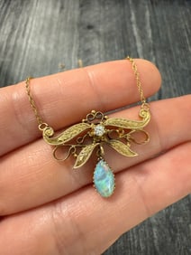 Art Nouveau Opal and Diamond Lavalier Necklace