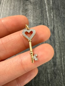 Vintage Heart Skeleton Key Charm with Diamonds