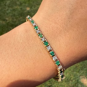 Emerald & Diamond Line Bracelet, 7.25" Long
