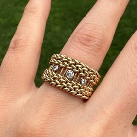 Vintage Diamond and 14K Gold Mesh Band, Size 6.75-7.25