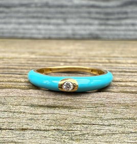 Turquoise Enamel and Diamond Band, Size 6.75