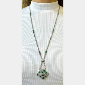 14K White Gold Diamond & Emerald Pendant on Silver Chain