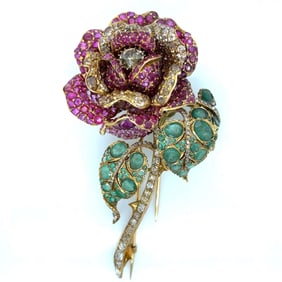 Antique 18K Yellow Gold Fancy Diamond, Burma Ruby, and Emerald Rose Brooch