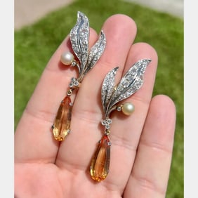1950’s 18K & Platinum GIA CERTIFIED Natural Pearl and Topaz Day/Night Earrings
