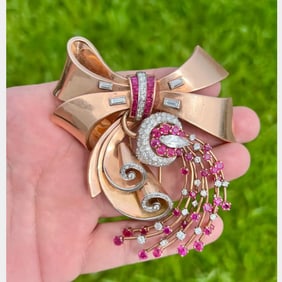 Retro 14K Rose Gold Burma Ruby & Diamond Brooch