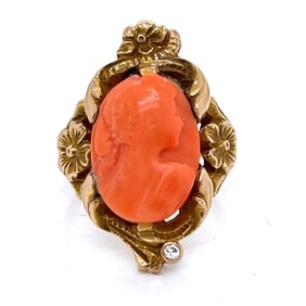 Art Nouveau 14K Yellow Gold Carved Coral & Diamond Ring