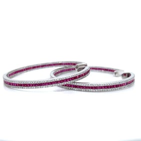 18K White Gold Ruby & Diamond Inside Outside Hoop Earrings