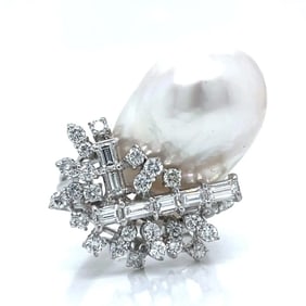 1960’s 14K White Gold South Sea Pearl & Diamond Ring