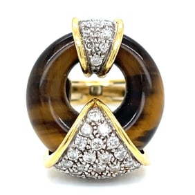 18K Yellow Gold Tiger Eye & Diamond Ring