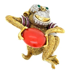 1960’s 18K Yellow Gold Diamond, Ruby, and Coral Monkey Brooch