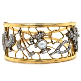 18K Yellow Gold Bangle w/ Platinum Diamond Charms