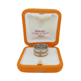 Hermès Sterling Silver Orange Enamel 'H' Motif Band Ring