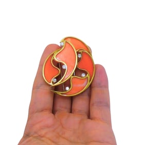 French Vintage Coral Diamond Brooch 18k Gold