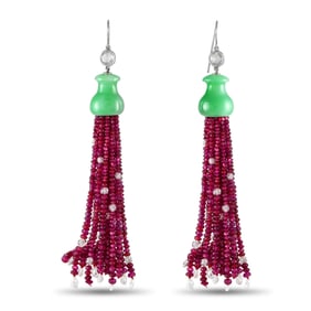 LB Exclusive 11.50ct Briolette Diamond, Ruby and Jade Tassel Earrings MF08-072524