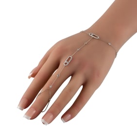 LB Exclusive 14K White Gold 0.80ct Diamond Hand Chain Bracelet Ring BR10343-W