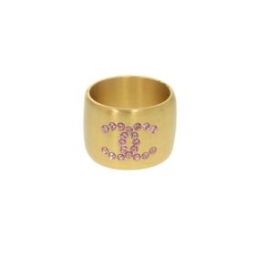 Chanel Coco Mark Heart Metal Rhinestone Size 14 Gold Pink Ring 1179CHANEL