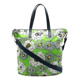 PRADA Prada Tote Bag Shoulder Flower Print Nylon Leather PRATO Green White B4696F