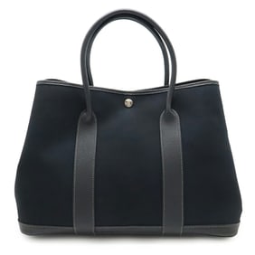 HERMES Garden PM Tote Bag Handbag Toile Officier Canvas Leather Black