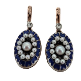Vintage Imperial Era Rose Gold Diamond Enamel Pearl Earrings