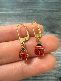 Enamel and 14K Gold Ladybug Dangling Earrings