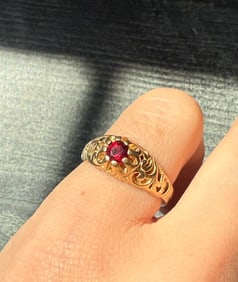 Garnet Ring with Scrolled Shoulders