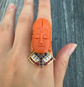 Large Vintage Carved Coral Guanyin Buddha Ring with Diamonds