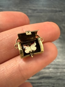 Vintage Articulated Suitcase Bag Charm with Butterfly Inside (A)