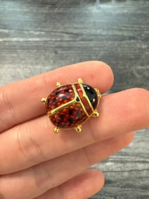 Vintage Enamel and 18K Gold Red Ladybug Pin