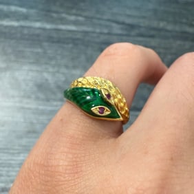 Vintage Green Enamel and 18K Gold Snake Ring