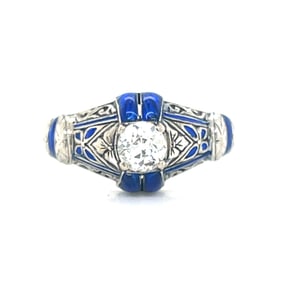 Art Deco Platinum Diamond Engagement Ring Blue Enamel