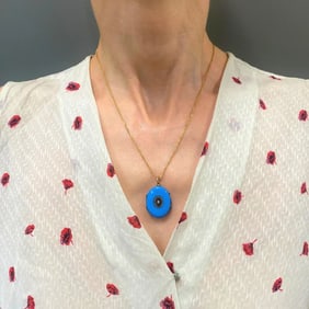 Victorian 14k Gold Necklace Blue Enamel Locket Pendant