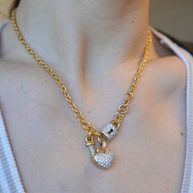 Vintage 18k Gold Diamond Heart Lock Key Pendant Necklace