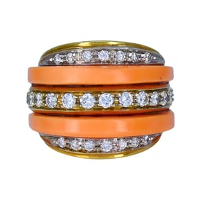 Vintage Italian 18k Gold Coral Diamond Ring