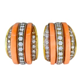 Vintage Italian 18k Gold Diamond Coral Earrings